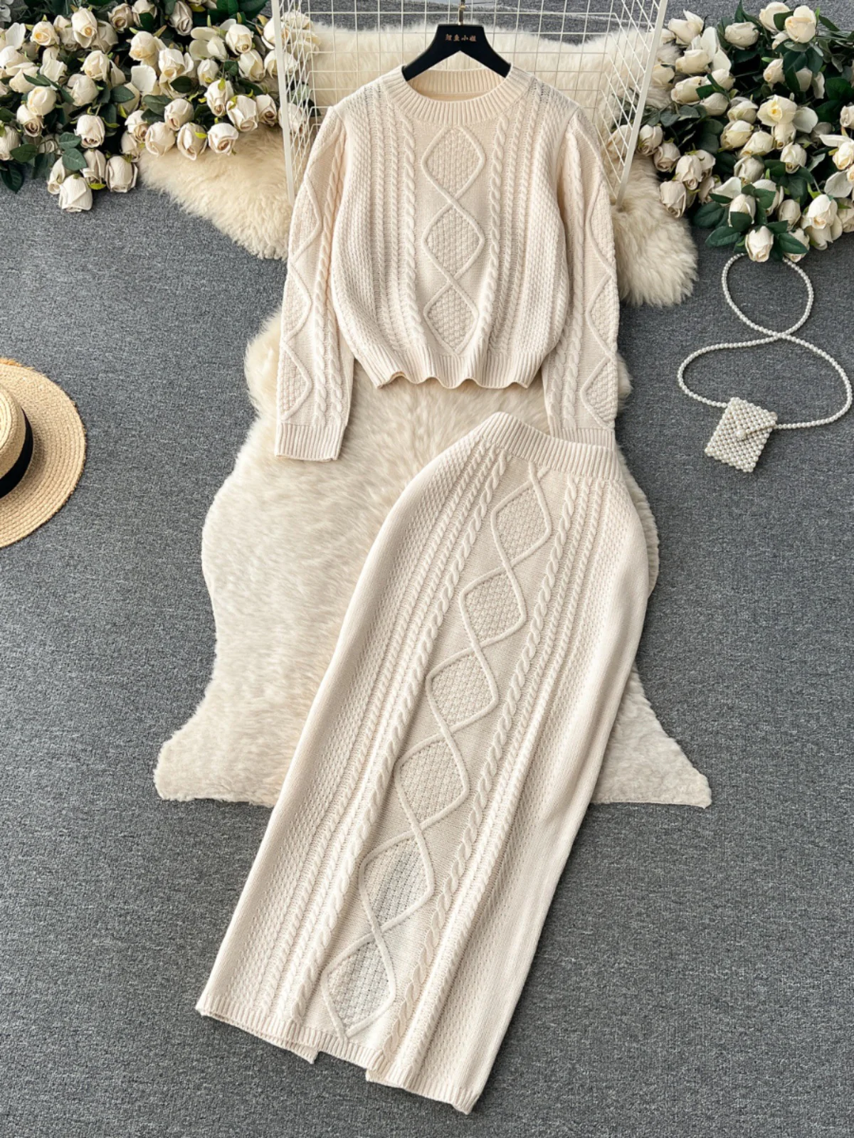 Women’s Knit Skirt Set – Wool Texture – Cable Knit – Slim Fit Midi Skirt – Relaxed Top