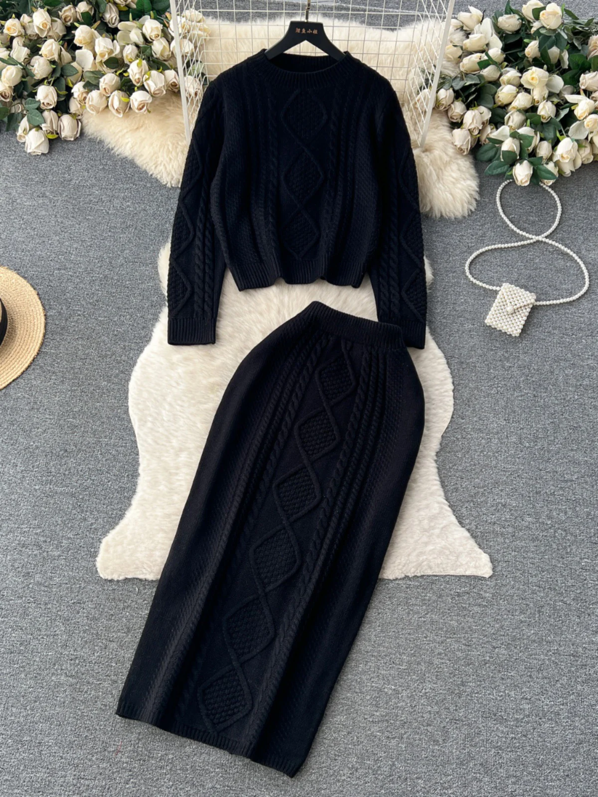Women’s Knit Skirt Set – Wool Texture – Cable Knit – Slim Fit Midi Skirt – Relaxed Top
