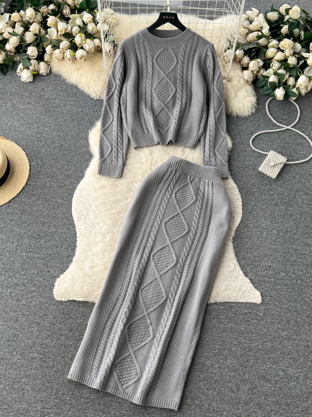 Women’s Knit Skirt Set – Wool Texture – Cable Knit – Slim Fit Midi Skirt – Relaxed Top