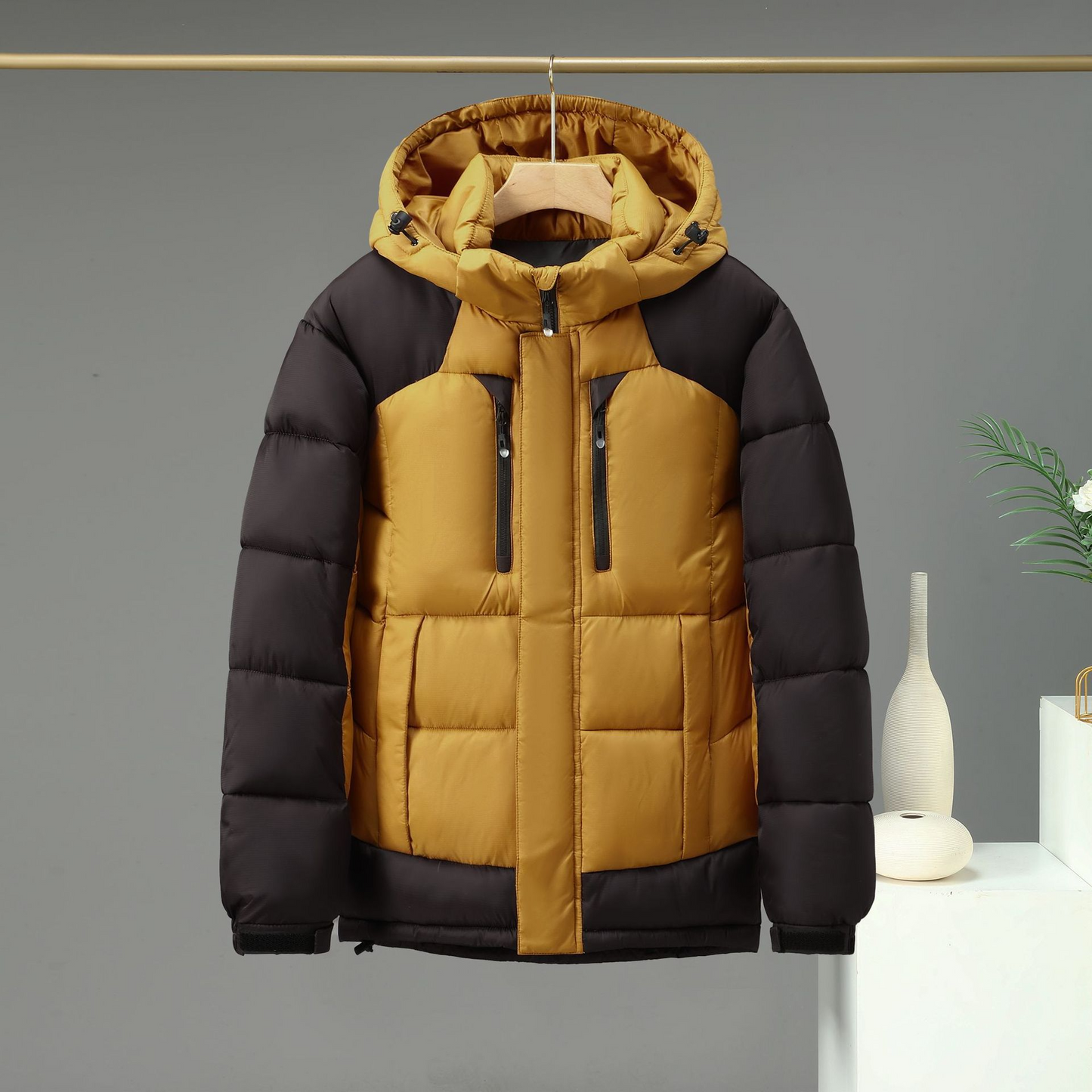 Men’s Padded Jacket – Structured Fit – Detachable Hood – Secure Pockets – Hip Length