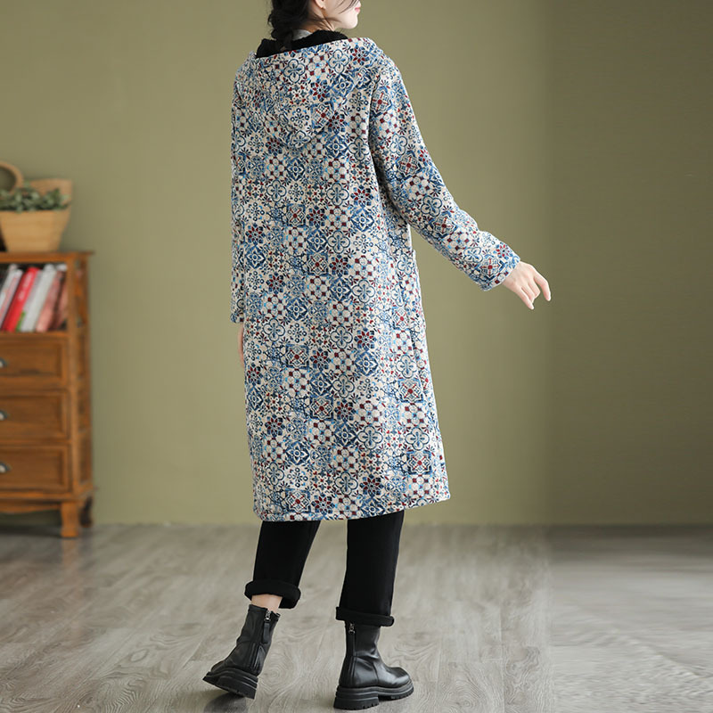 Women’s Trench Coat – Loose Fit – A-Line Silhouette – Hooded – Geometric Pattern