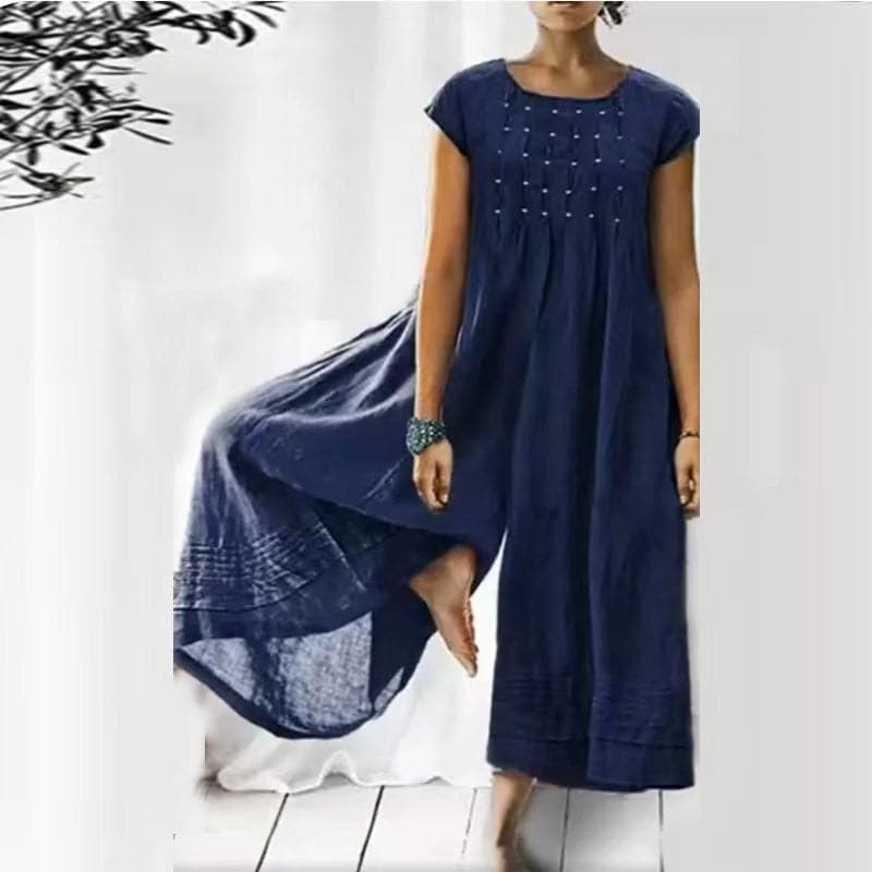 Women’s Jumpsuit – Loose Fit – Short Sleeve – Natural Fibers – Flowing Silhouette