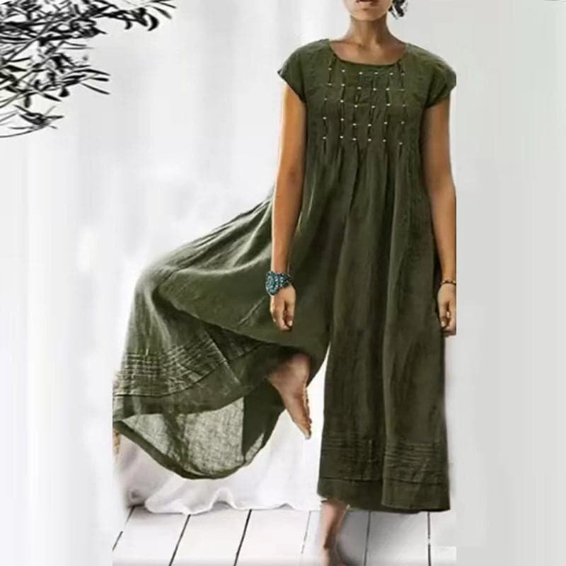 Women’s Jumpsuit – Loose Fit – Short Sleeve – Natural Fibers – Flowing Silhouette