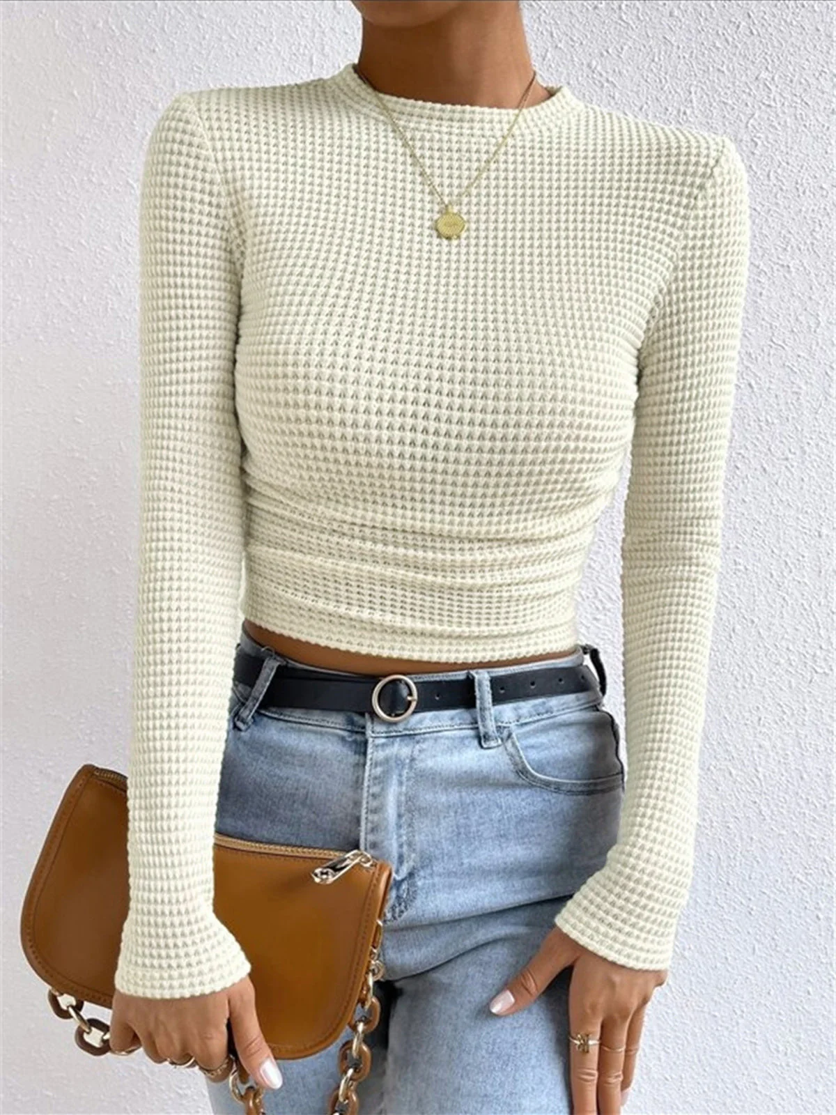 Women’s Cropped Sweatshirt – Slim Fit – Waffle Knit – Long Sleeve – High Neck