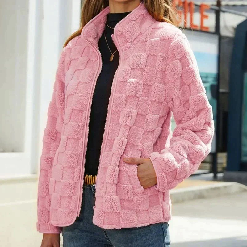 Women’s Fleece Jacket – Relaxed Fit – Stand Collar – Zip Front – Textured Pattern
