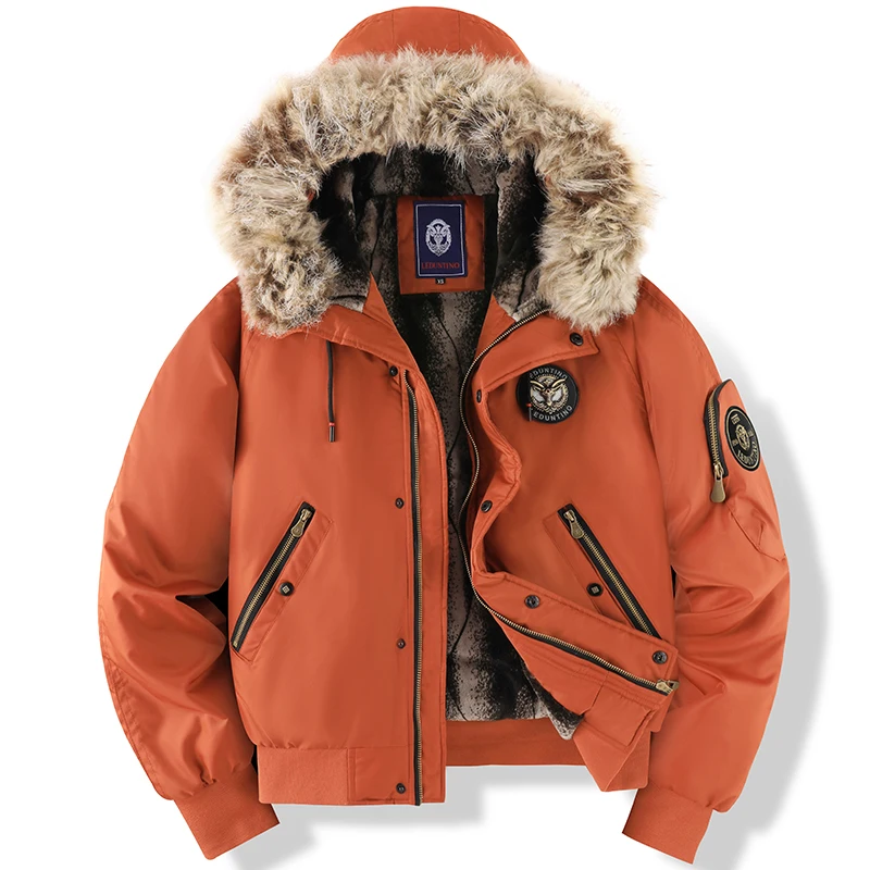 Men’s Bomber Jacket – Faux Fur Hood – Quilted Lining – Casual Fit – Zipped Pockets