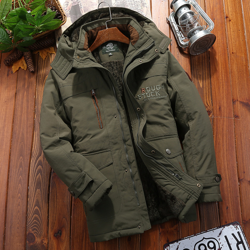 Men’s Coat – Loose Fit – Mid-Thigh Length – Thick Plush Lining – Hooded – Multi Pocket