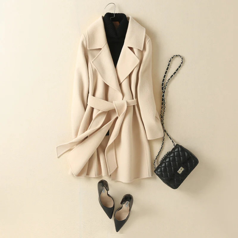 Women’s Wool Coat – Tailored Fit – Wrap Front – Self-Tie Belt – Knee Length