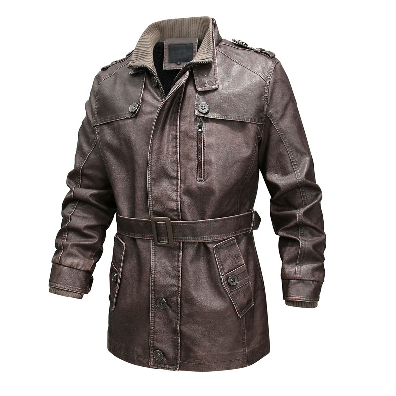 Men’s Trench Coat – Regular Fit – Washed Leather Look – Belted – Plush Lined – Zip Closure