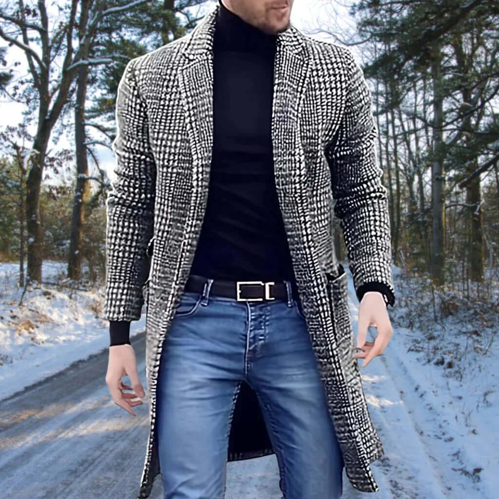 Men’s Trench Coat – Slim Fit – Wool Blend – Notched Lapel – Checkered Pattern