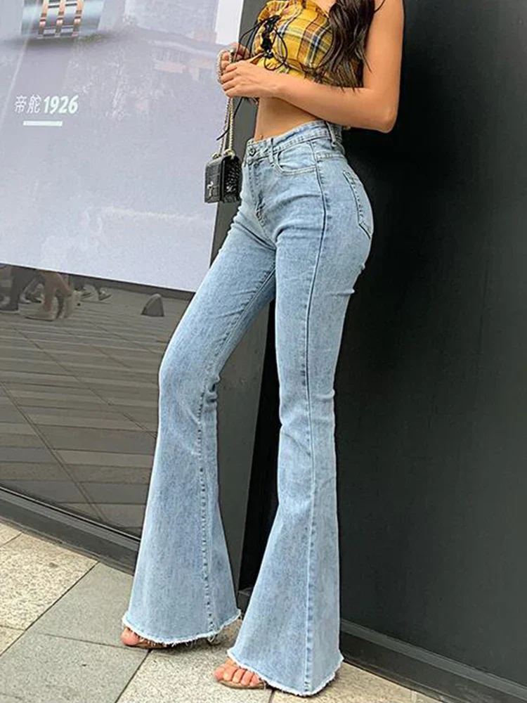 Women’s Flared Jeans – High Waist – Raw Hem – Full Length – Pocket Denim