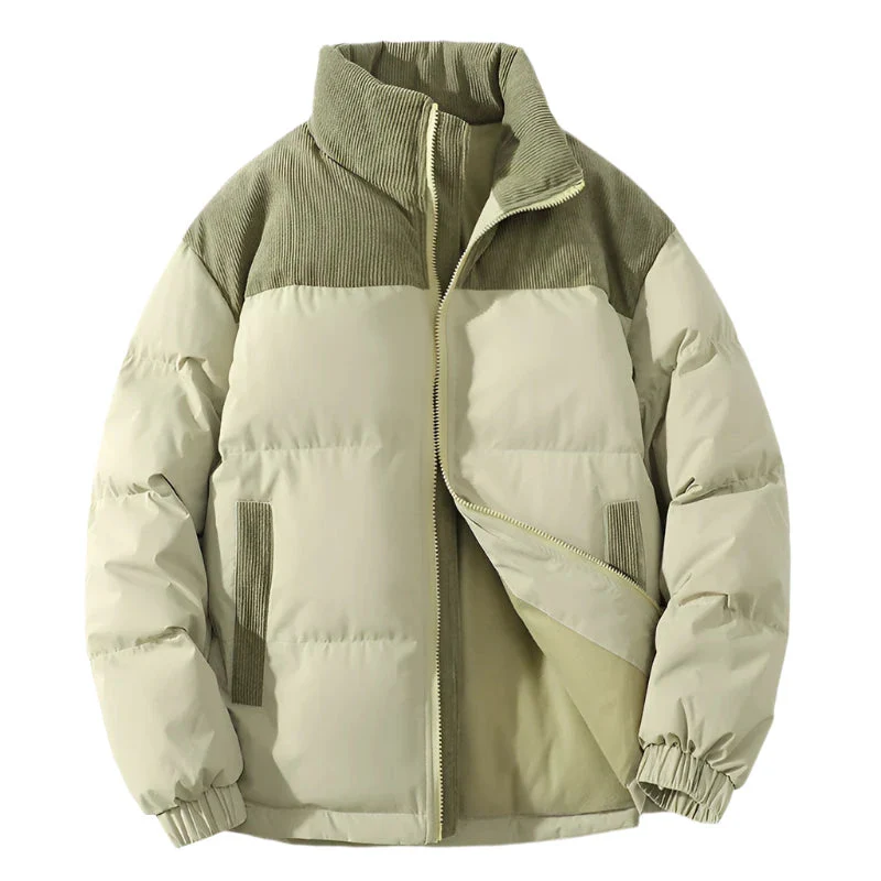 Men’s Puffer Jacket – Quilted Insulation – Corduroy Yoke – Relaxed Fit – Zip Front