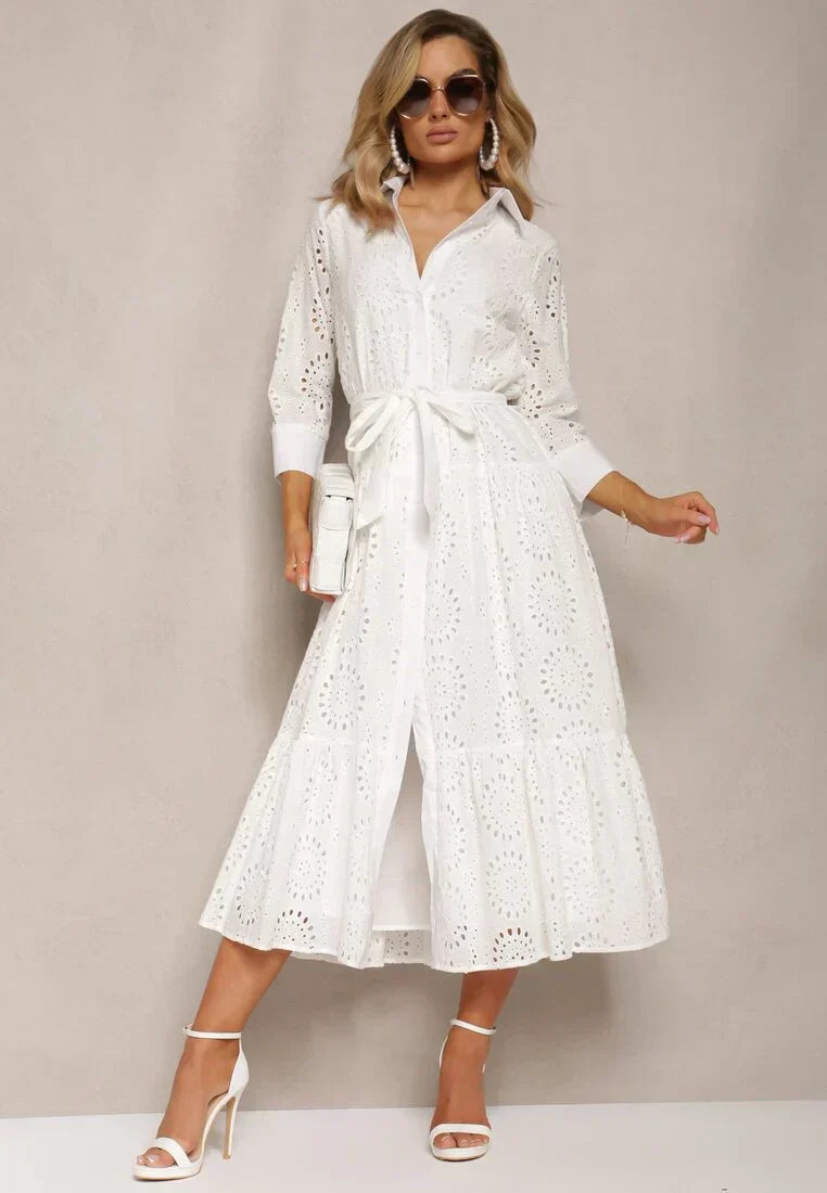 Women’s Midi Dress – Broderie Anglaise – Relaxed Fit – Belted Waist – Button Front