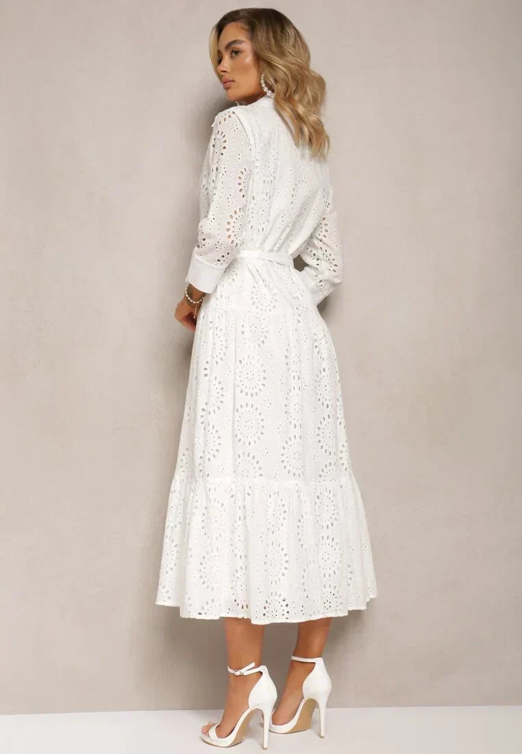 Women’s Midi Dress – Broderie Anglaise – Relaxed Fit – Belted Waist – Button Front