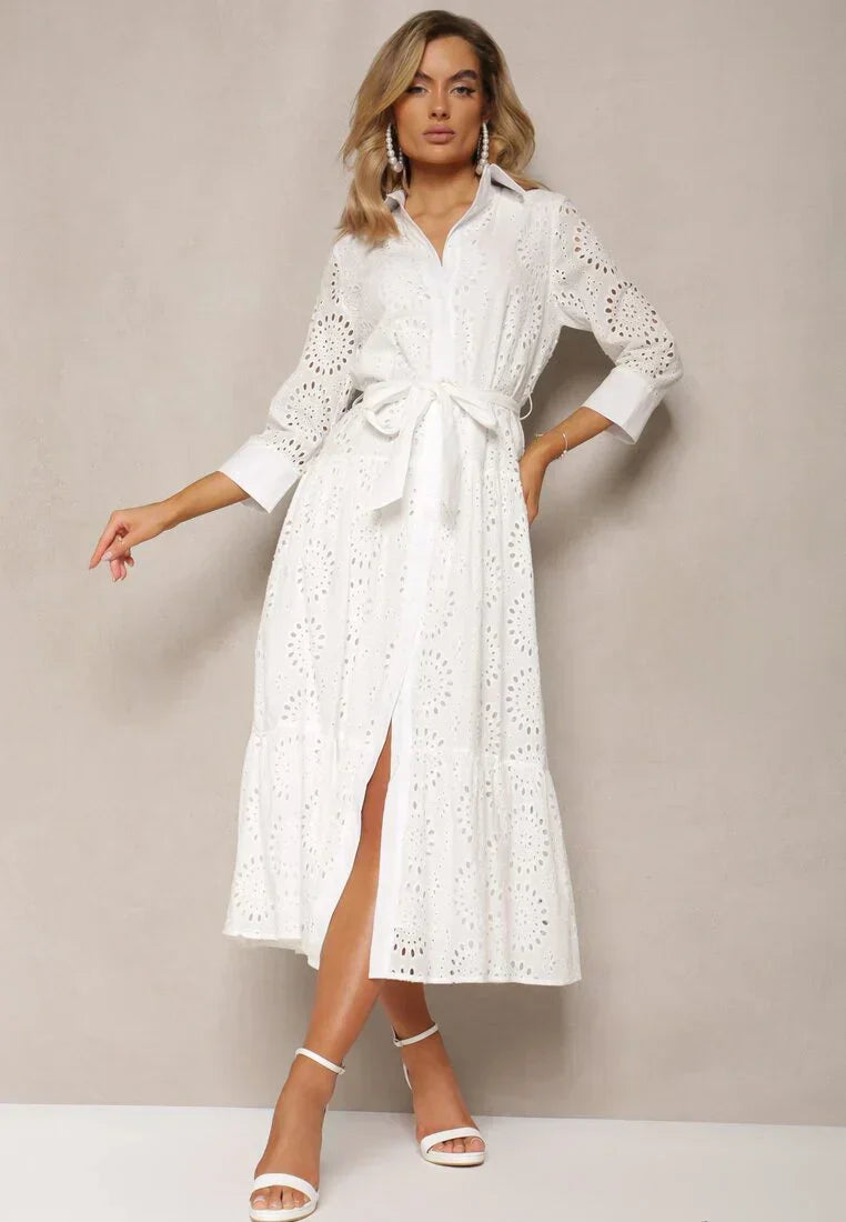 Women’s Midi Dress – Broderie Anglaise – Relaxed Fit – Belted Waist – Button Front