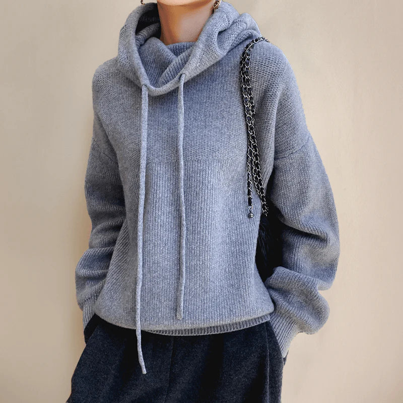 Women’s Pullover Sweater – Relaxed Fit – Wool Blend – Cowl Neck with Drawstrings