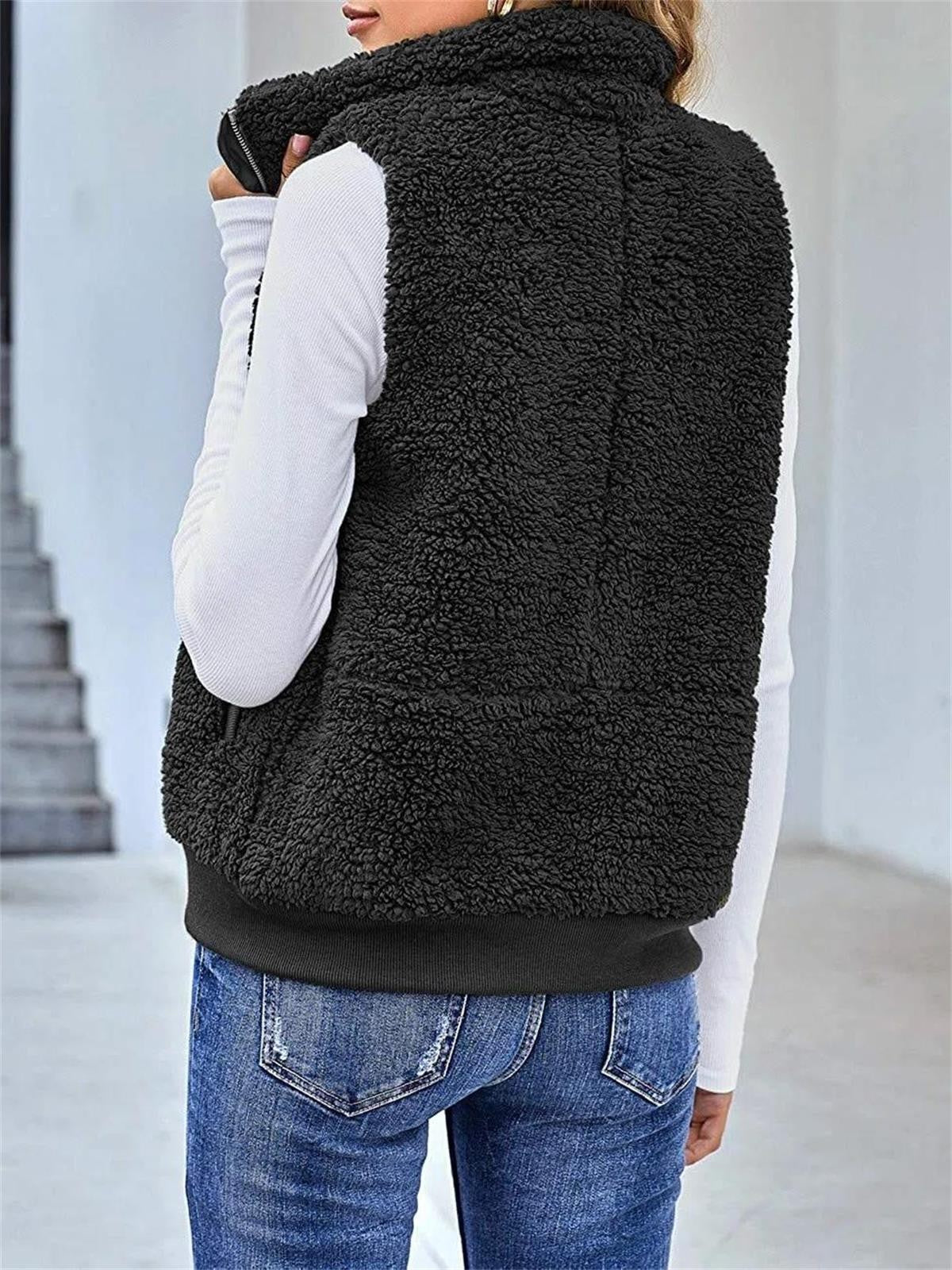 Women’s Sleeveless Jacket – Plush Fleece – Relaxed Fit – Zip Front High Collar