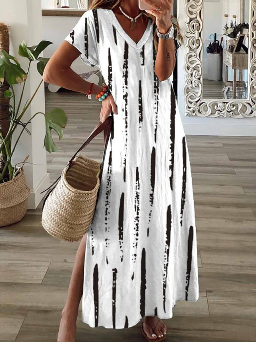 Women’s Maxi Dress – Relaxed Fit – V-Neck – Short Sleeve – Striped – Breathable Blend