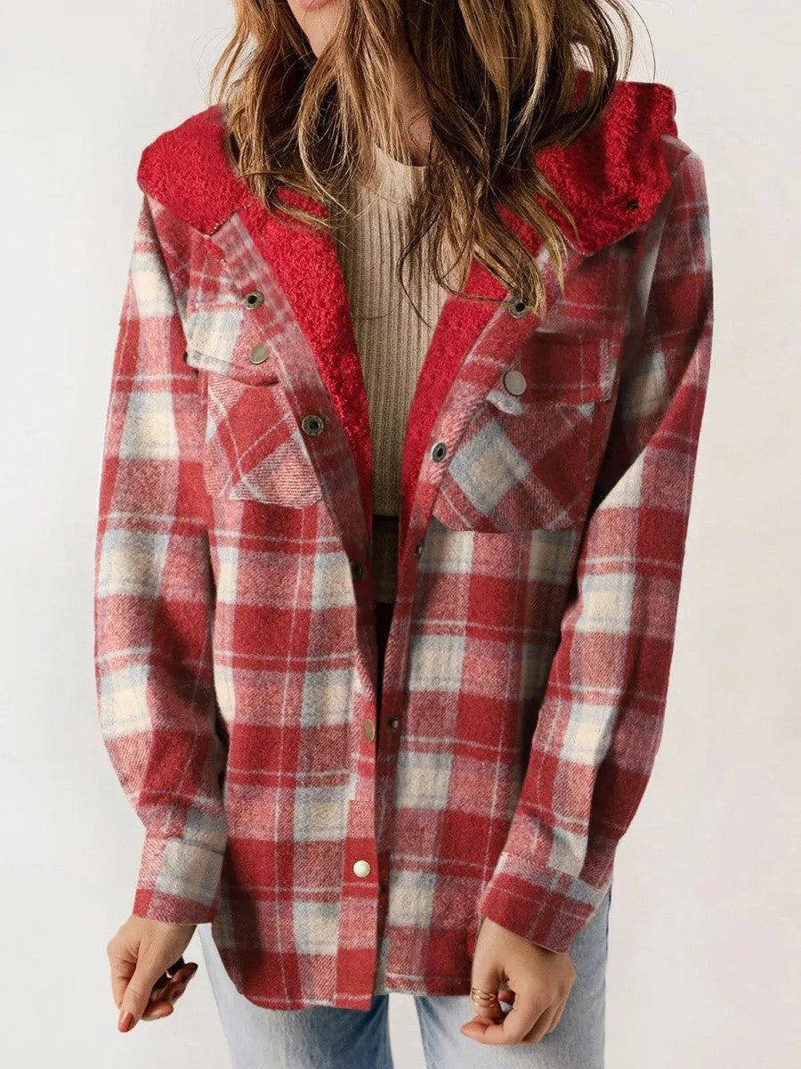 Women’s Shacket – Relaxed Fit – Fleece Lined – Plaid Hooded – Button Front – Casual Layer