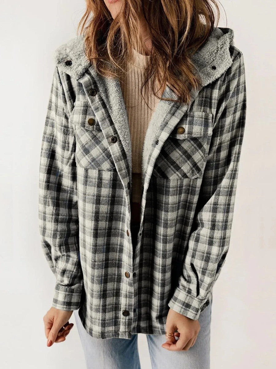 Women’s Shacket – Relaxed Fit – Fleece Lined – Plaid Hooded – Button Front – Casual Layer