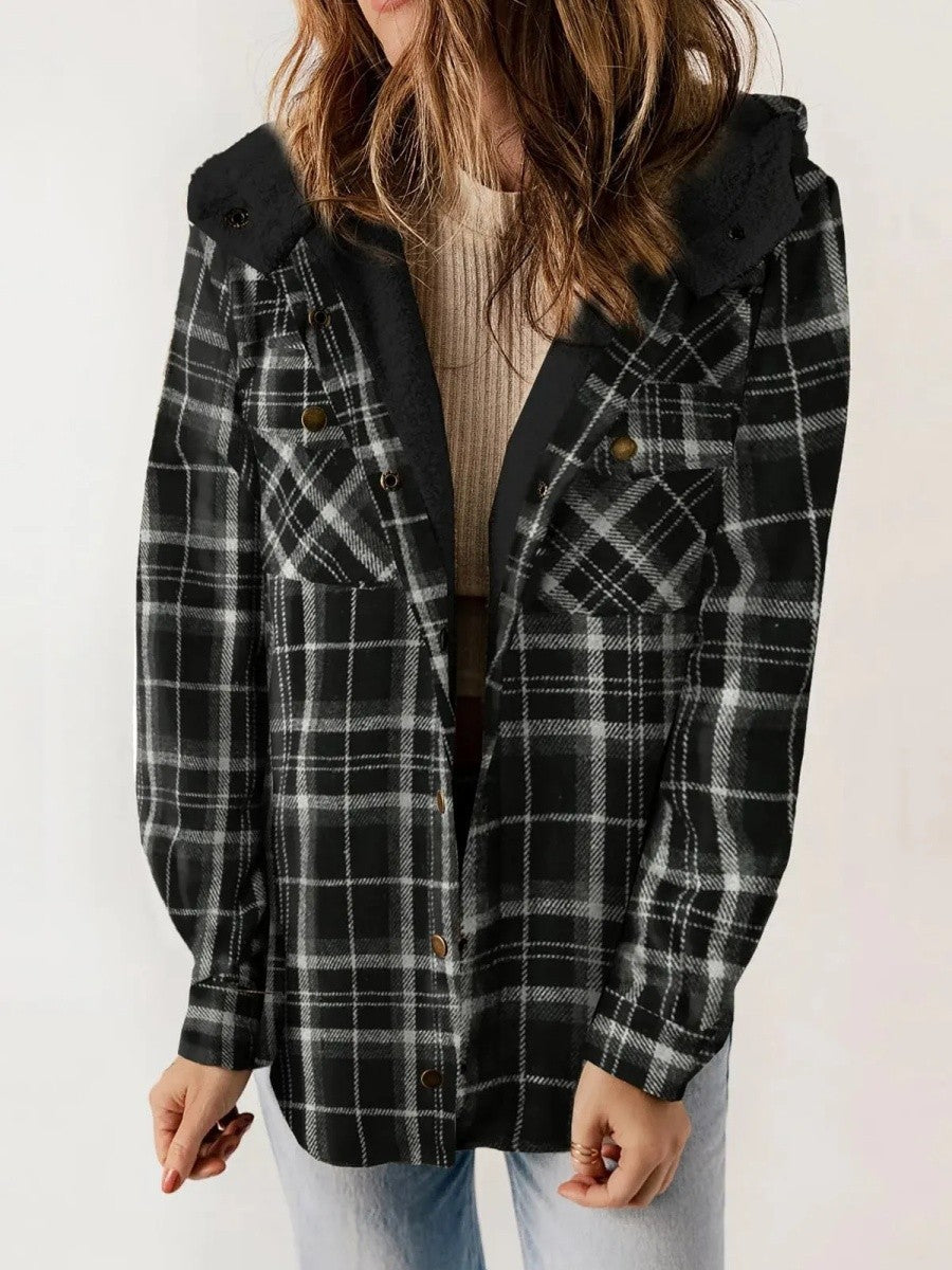Women’s Shacket – Relaxed Fit – Fleece Lined – Plaid Hooded – Button Front – Casual Layer
