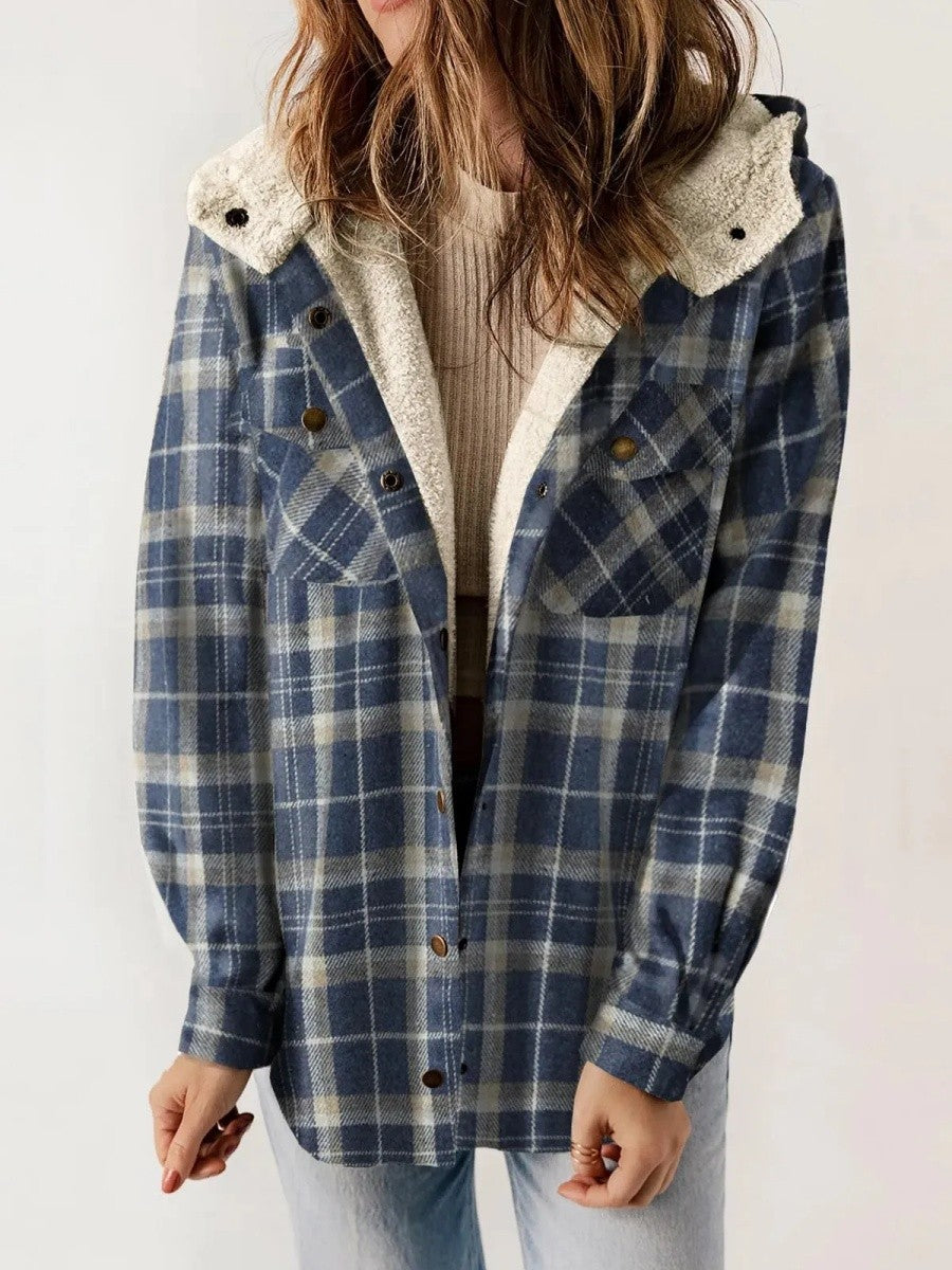 Women’s Shacket – Relaxed Fit – Fleece Lined – Plaid Hooded – Button Front – Casual Layer