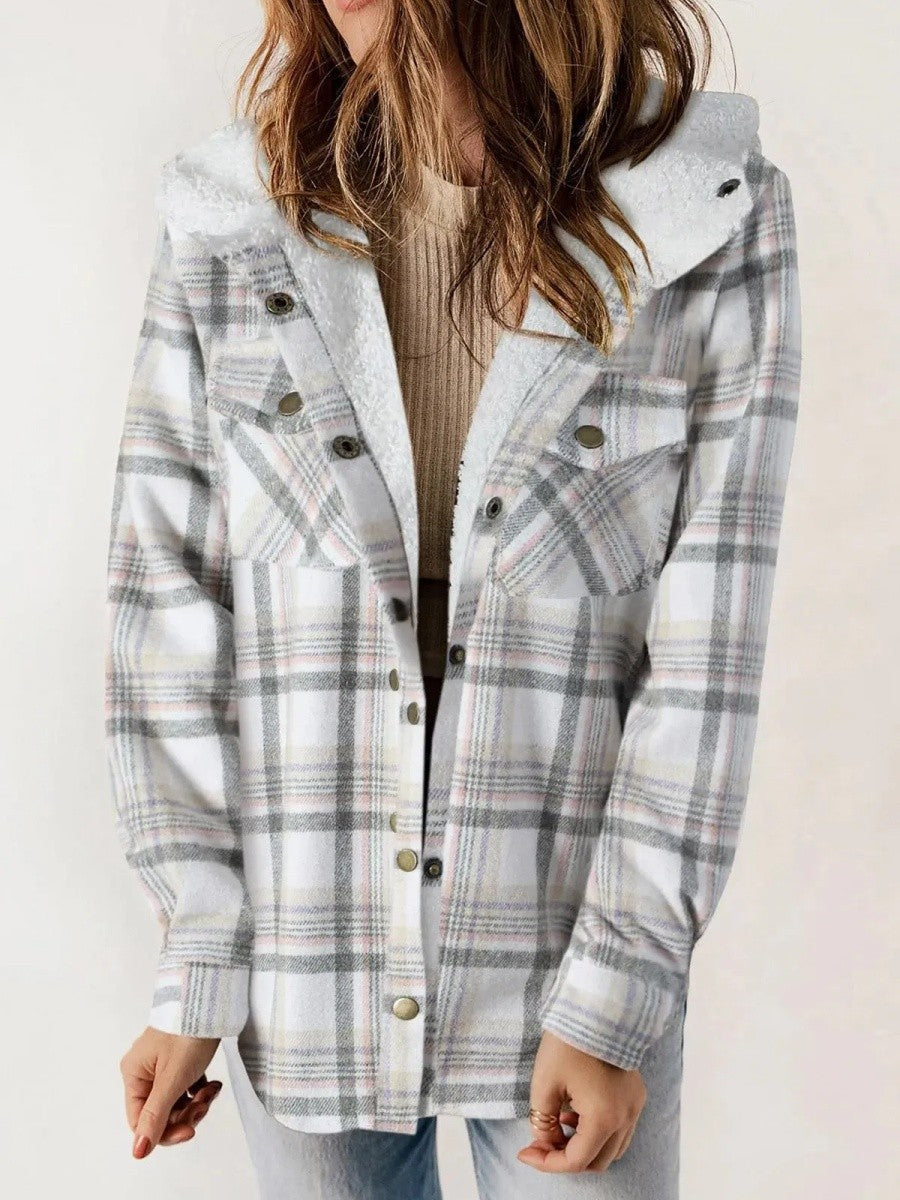 Women’s Shacket – Relaxed Fit – Fleece Lined – Plaid Hooded – Button Front – Casual Layer