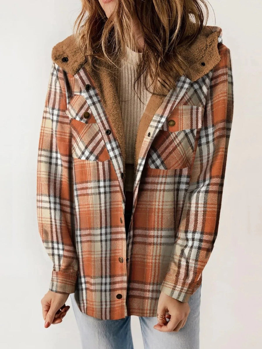 Women’s Shacket – Relaxed Fit – Fleece Lined – Plaid Hooded – Button Front – Casual Layer