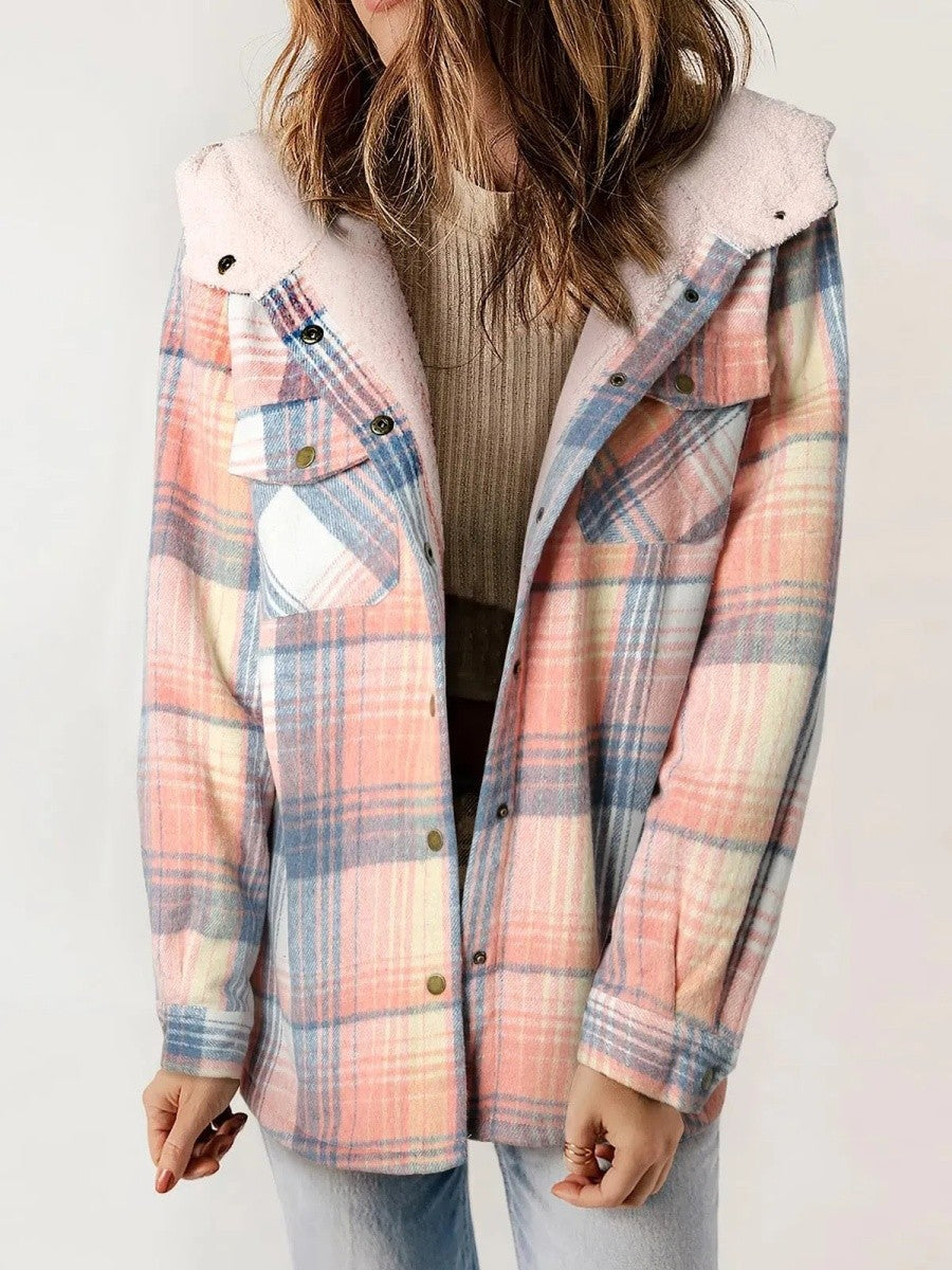 Women’s Shacket – Relaxed Fit – Fleece Lined – Plaid Hooded – Button Front – Casual Layer