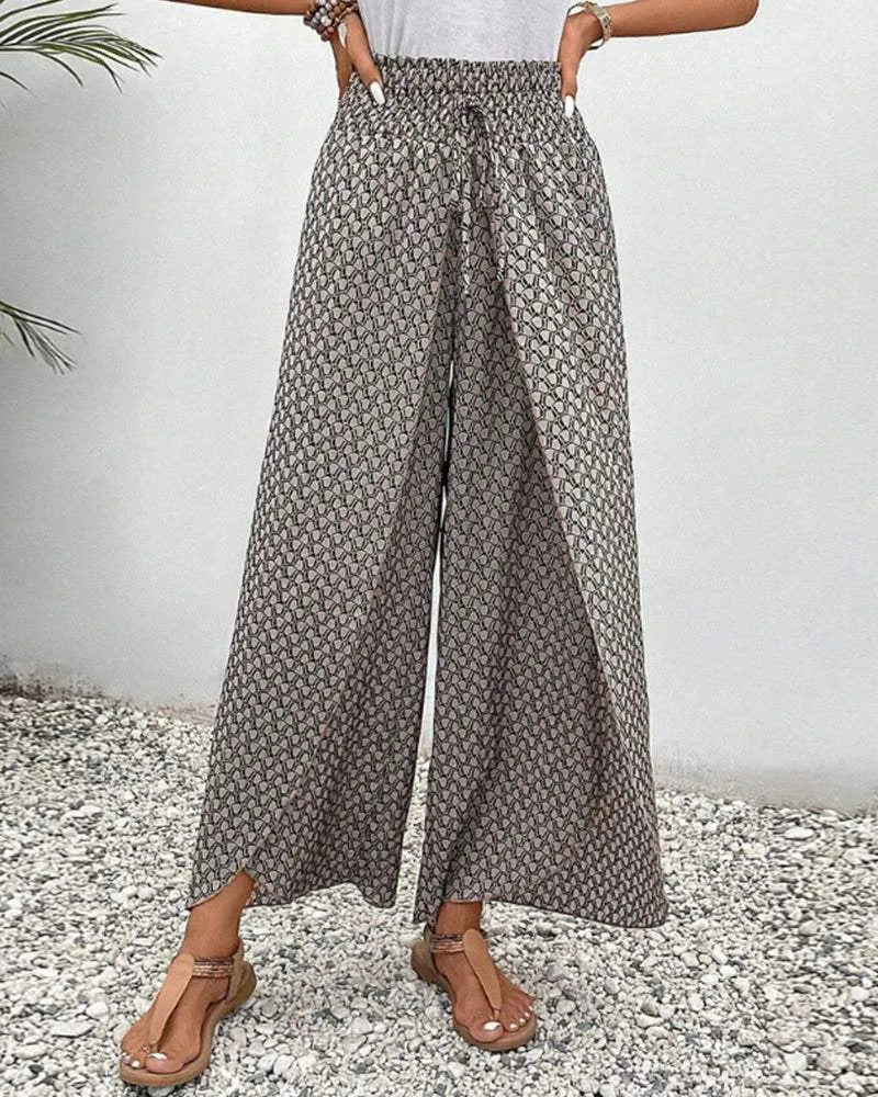 Women's Wide-Leg Trousers - High Waist - Elastic Drawstring - Flowy Lightweight