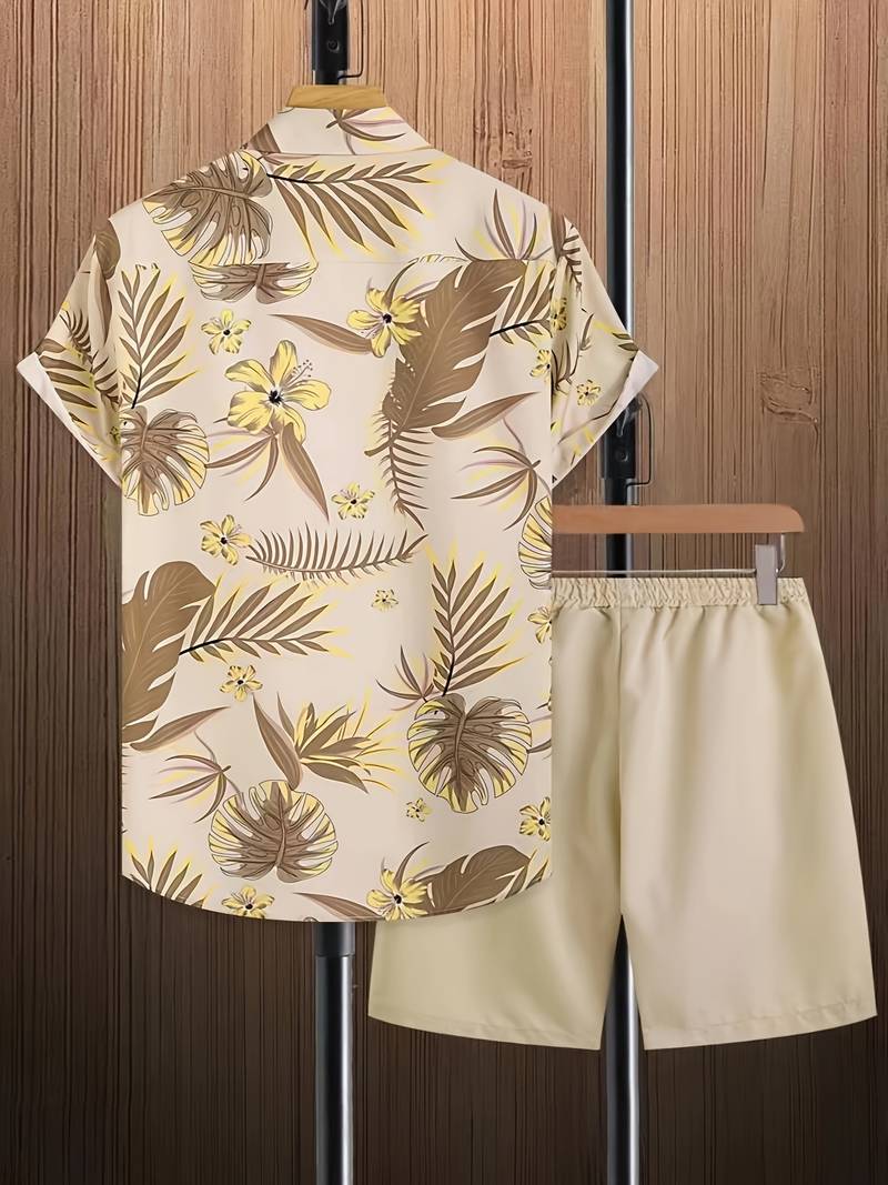 Men’s Short-Sleeve Button-Up Shirt – Tropical Floral Print – Casual Lightweight Wear