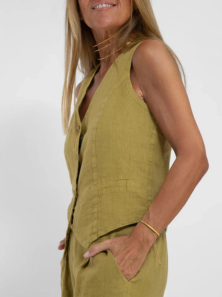 Women's Tailored Vest - Lightweight Linen - Fitted Buttoned Front - Versatile Formal & Casual