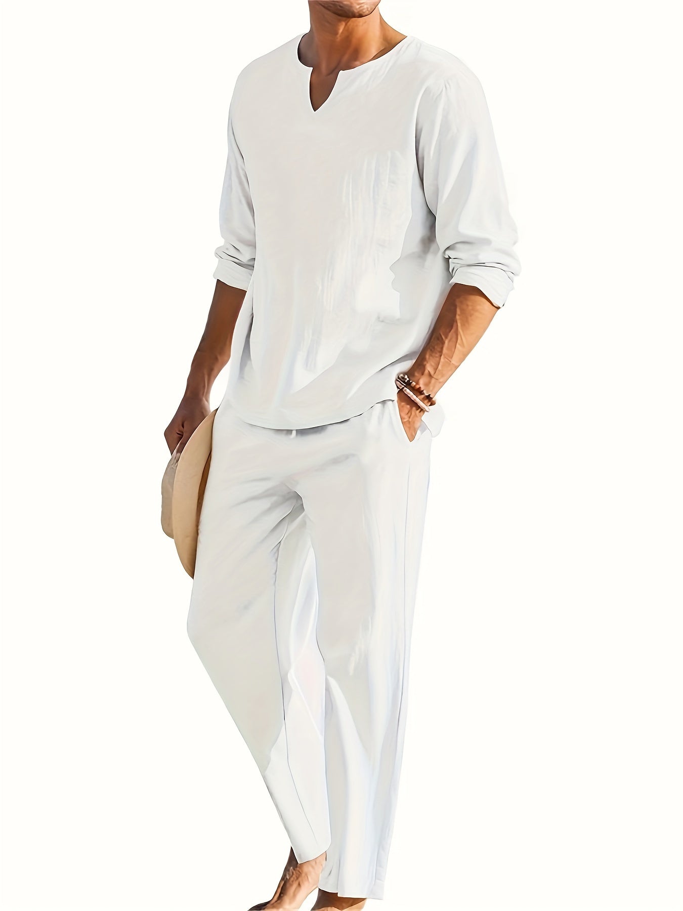 Men's Casual Two-Piece Outfit - V-Neck Long Sleeve Top & Relaxed Fit Trousers