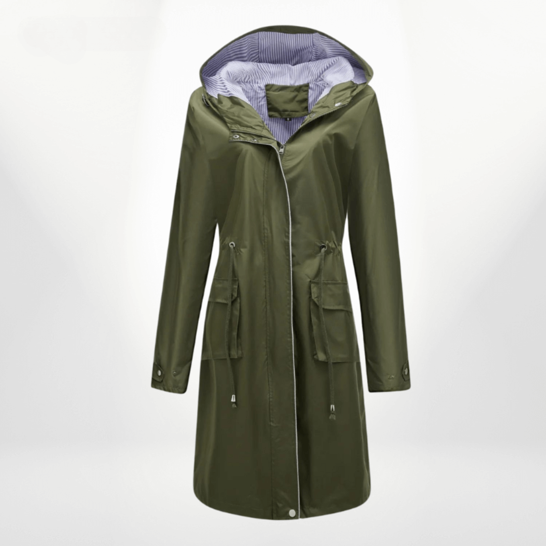 Women’s Trench Coat – Waterproof Over-Knee – Hooded – Adjustable Waist – Flap Pockets