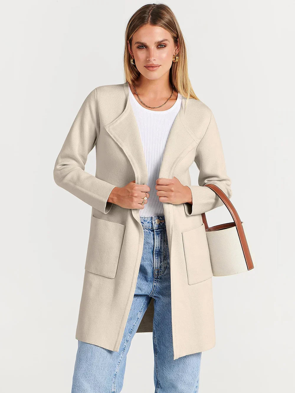 Women’s Knee-Length Coat – Wool Blend – Relaxed Fit – Wide Lapel – Patch Pockets