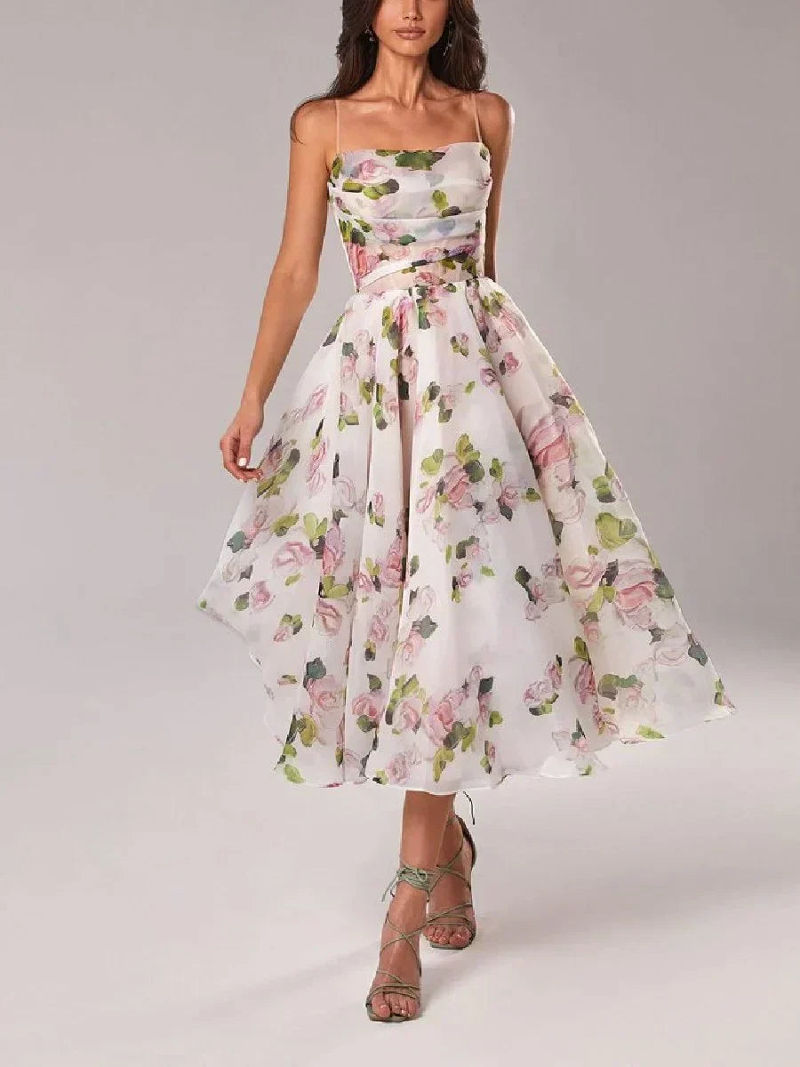 Women’s Midi Dress – Chiffon A-Line – Spaghetti Straps – Floral Print Elegant Fit
