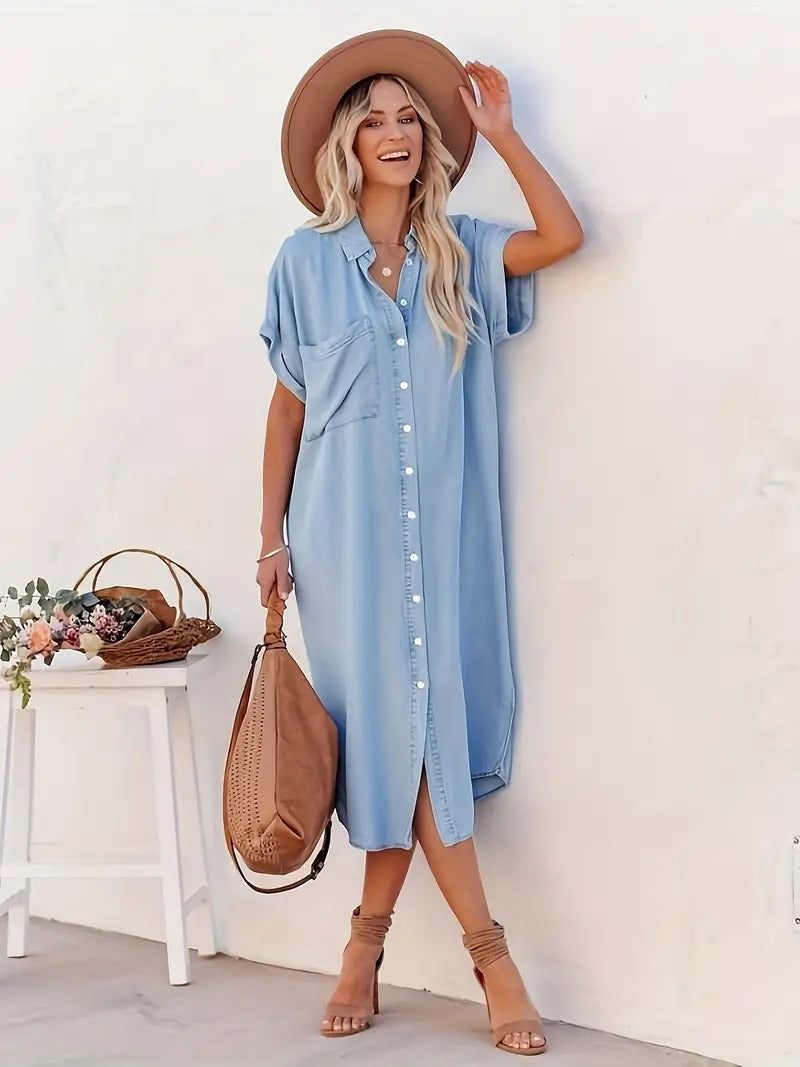 Women's Button-Up Midi Dress - Relaxed Fit - Short Sleeve - Collared Neck - Side Pockets
