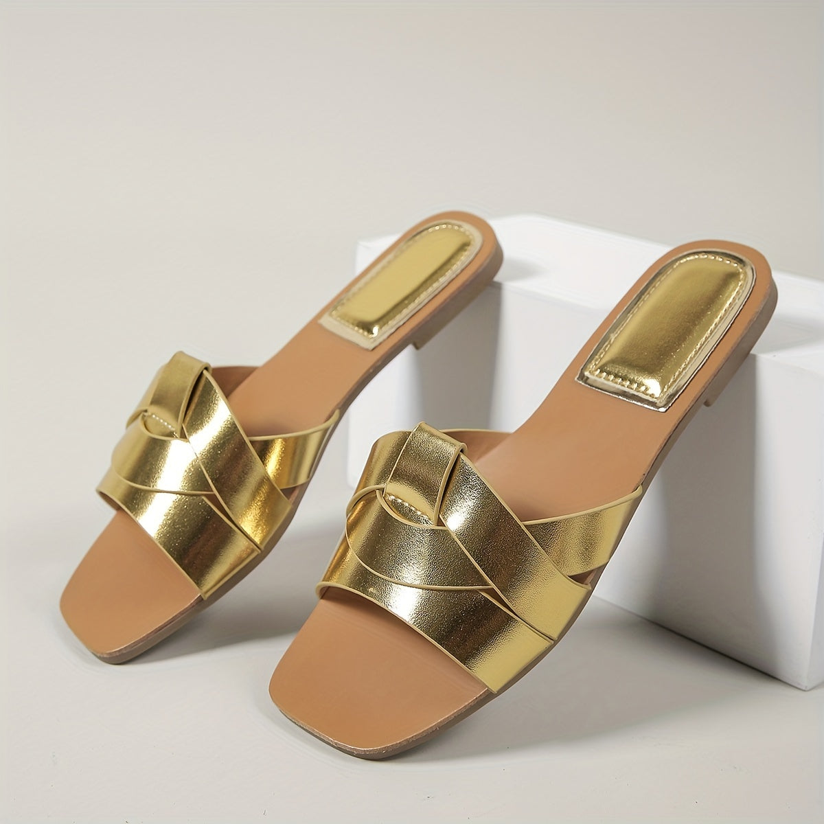 Women's Square Toe Slide Sandals - PU Strappy Flats for Casual Spring & Summer Beachwear