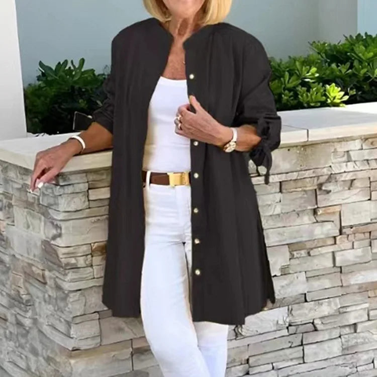 Women’s Long Shirt – Relaxed Fit – Button Front – Breathable Blend – Tie Cuff Sleeves