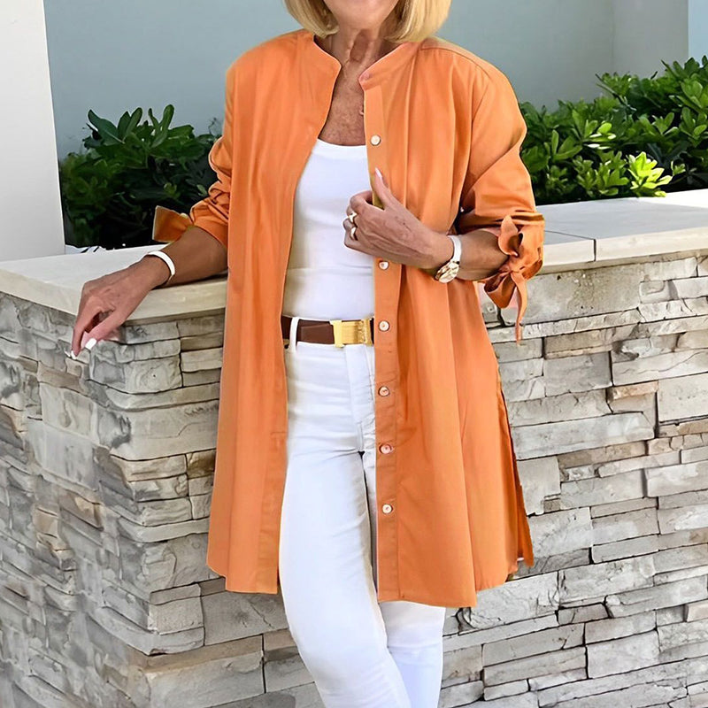 Women’s Tunic Shirt – Relaxed Fit – Button Front – Mid Thigh Length