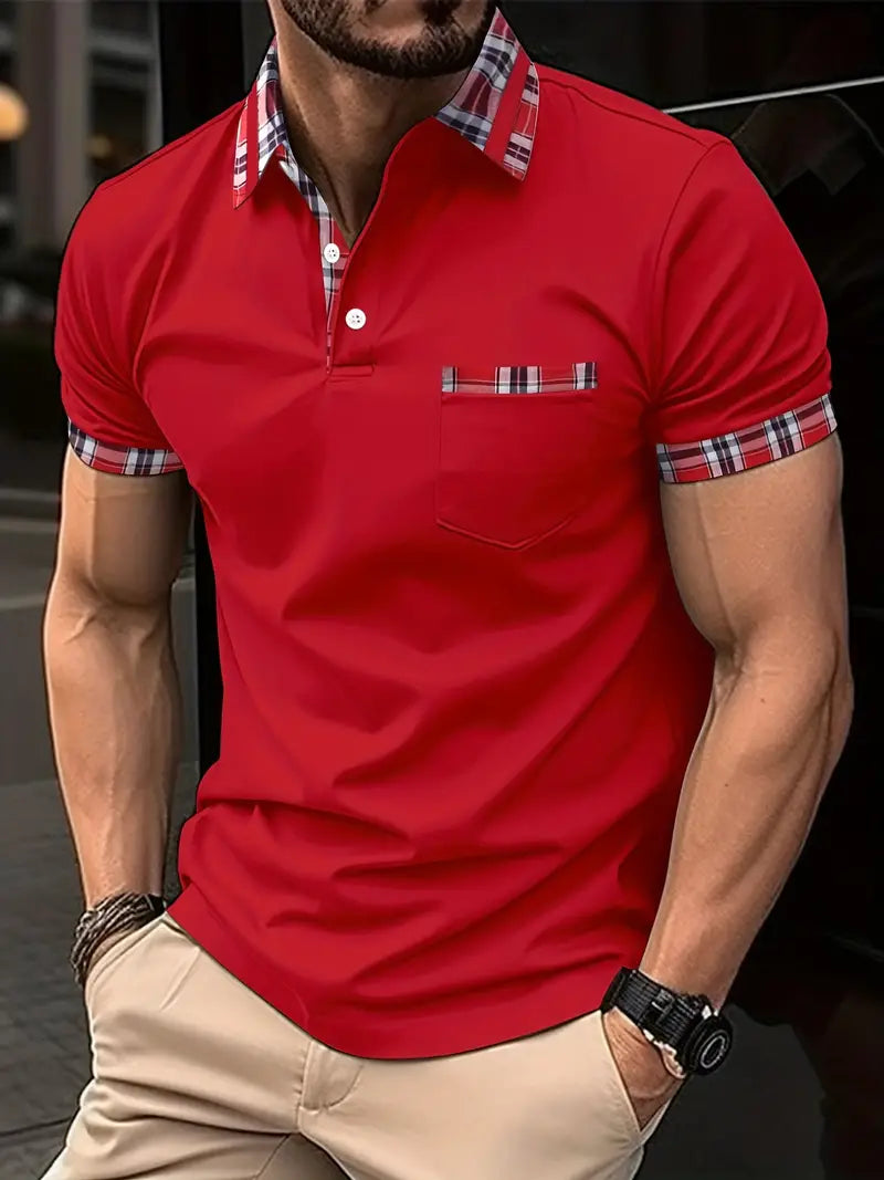 Men’s Polo Shirt – Plaid Trim Collar – Short Sleeve – Button Placket – Chest Pocket
