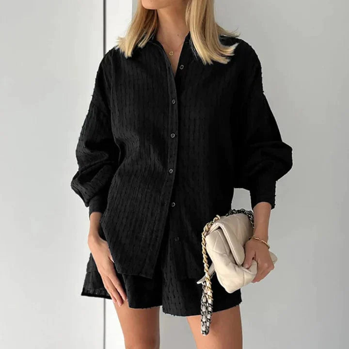 Women's Co-ord Set - Button-Up Shirt & High-Waisted Shorts - Relaxed Fit Breathable Fabric