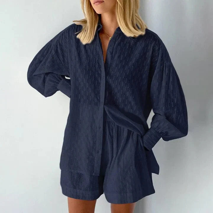 Women's Co-ord Set - Button-Up Shirt & High-Waisted Shorts - Relaxed Fit Breathable Fabric