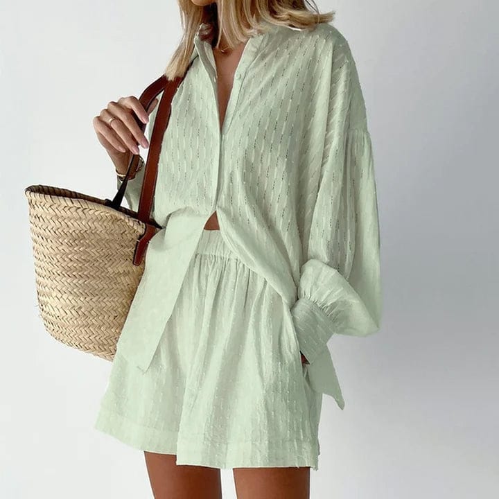 Women's Co-ord Set - Button-Up Shirt & High-Waisted Shorts - Relaxed Fit Breathable Fabric
