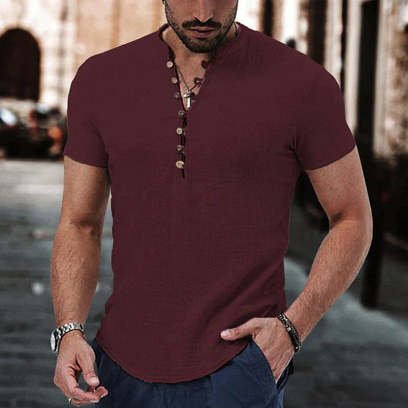 Men’s Henley Shirt - Short Sleeve - Lightweight Breathable Cotton - Buttoned Placket