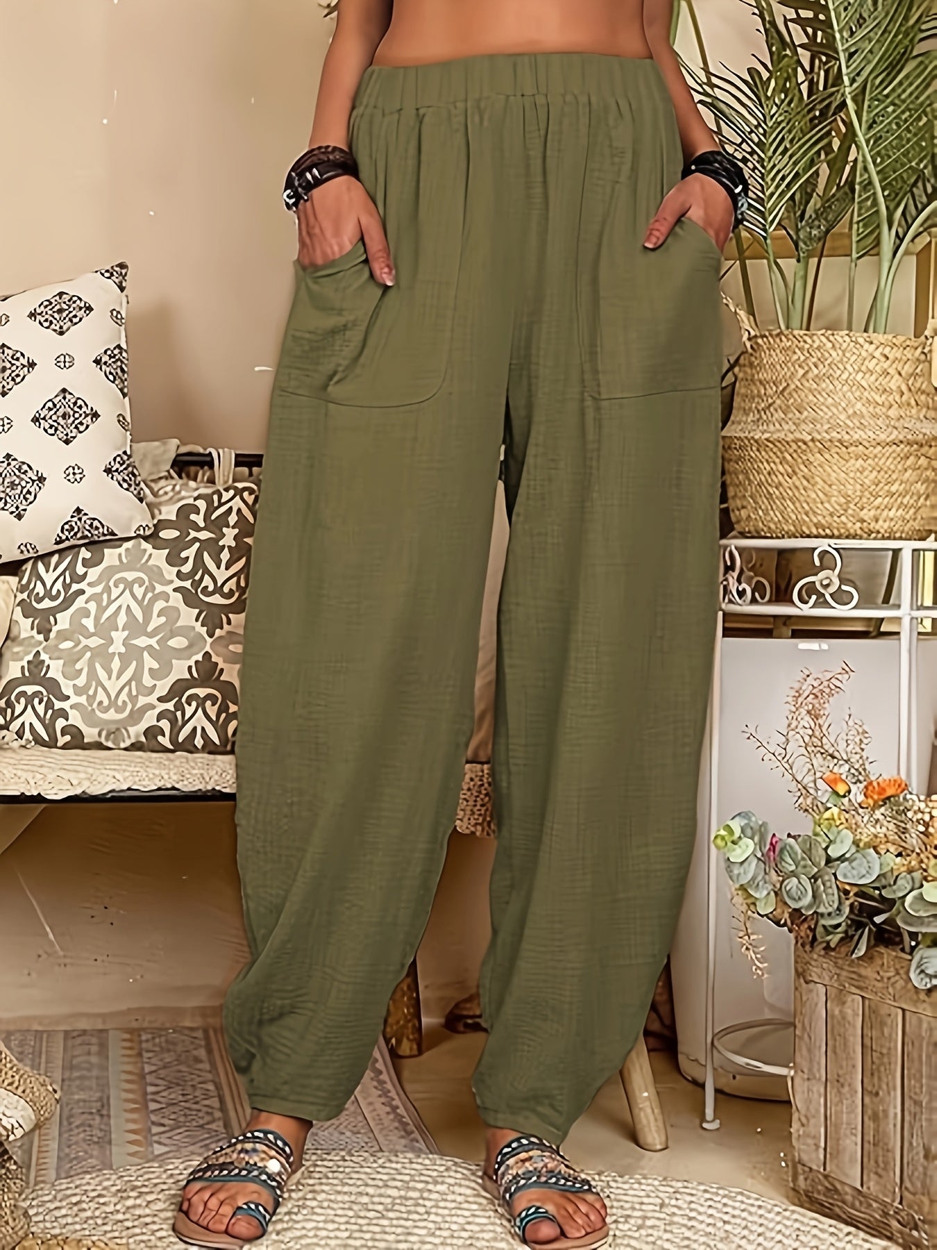 Women's Trousers - Relaxed Fit - Elastic Waist - Lightweight & Breathable - Pocket Detail