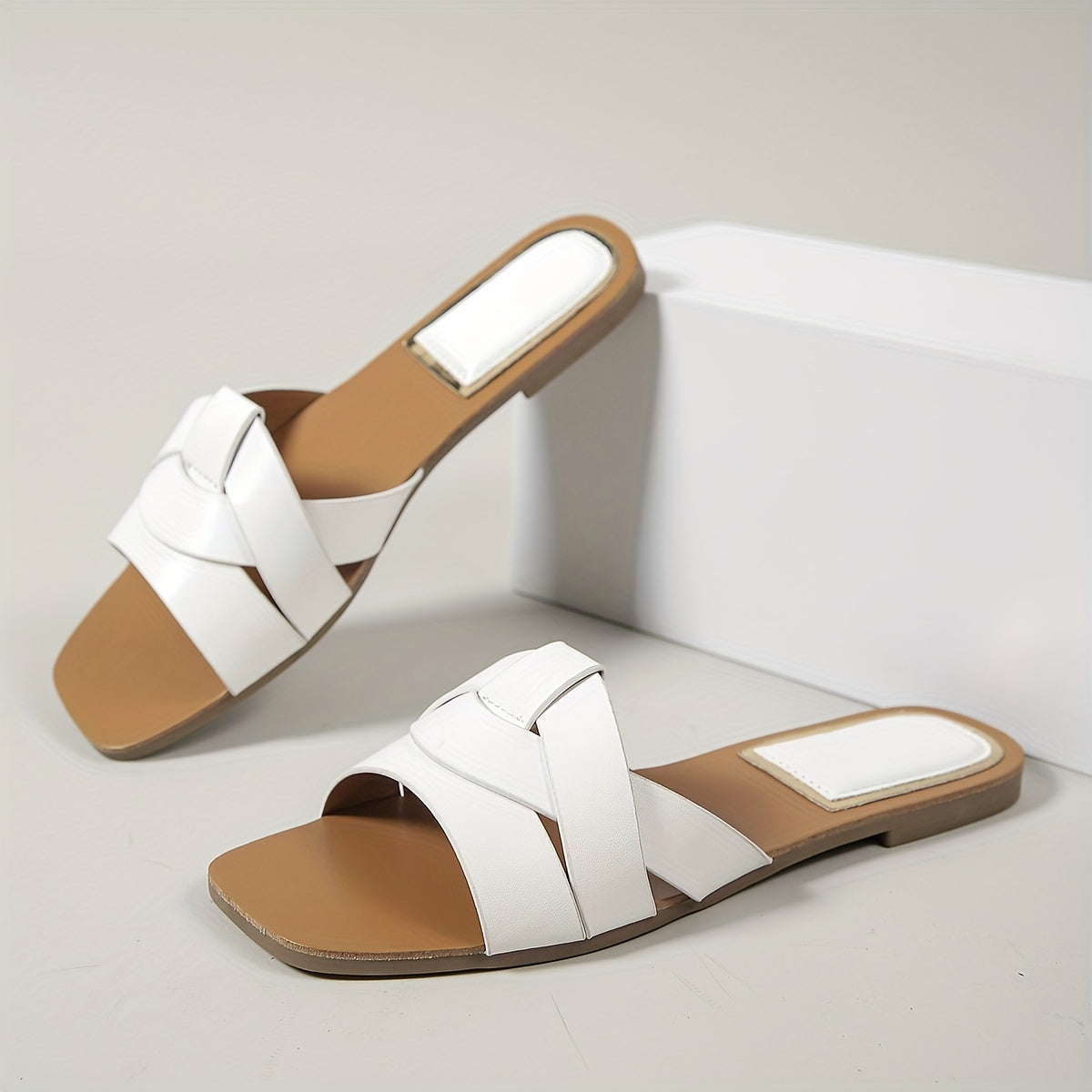 Women's Square Toe Slide Sandals - PU Strappy Flats for Casual Spring & Summer Beachwear