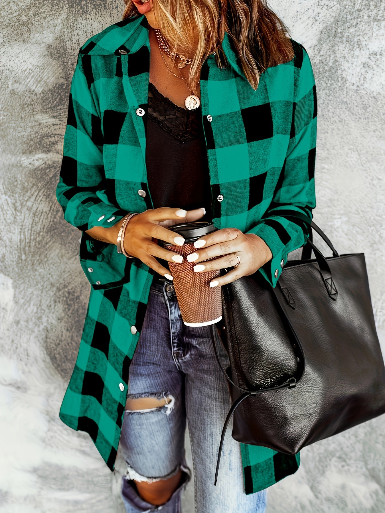Women's Plaid Shirt - Long Sleeve Button-Up - Relaxed Fit - Soft Woven Fabric