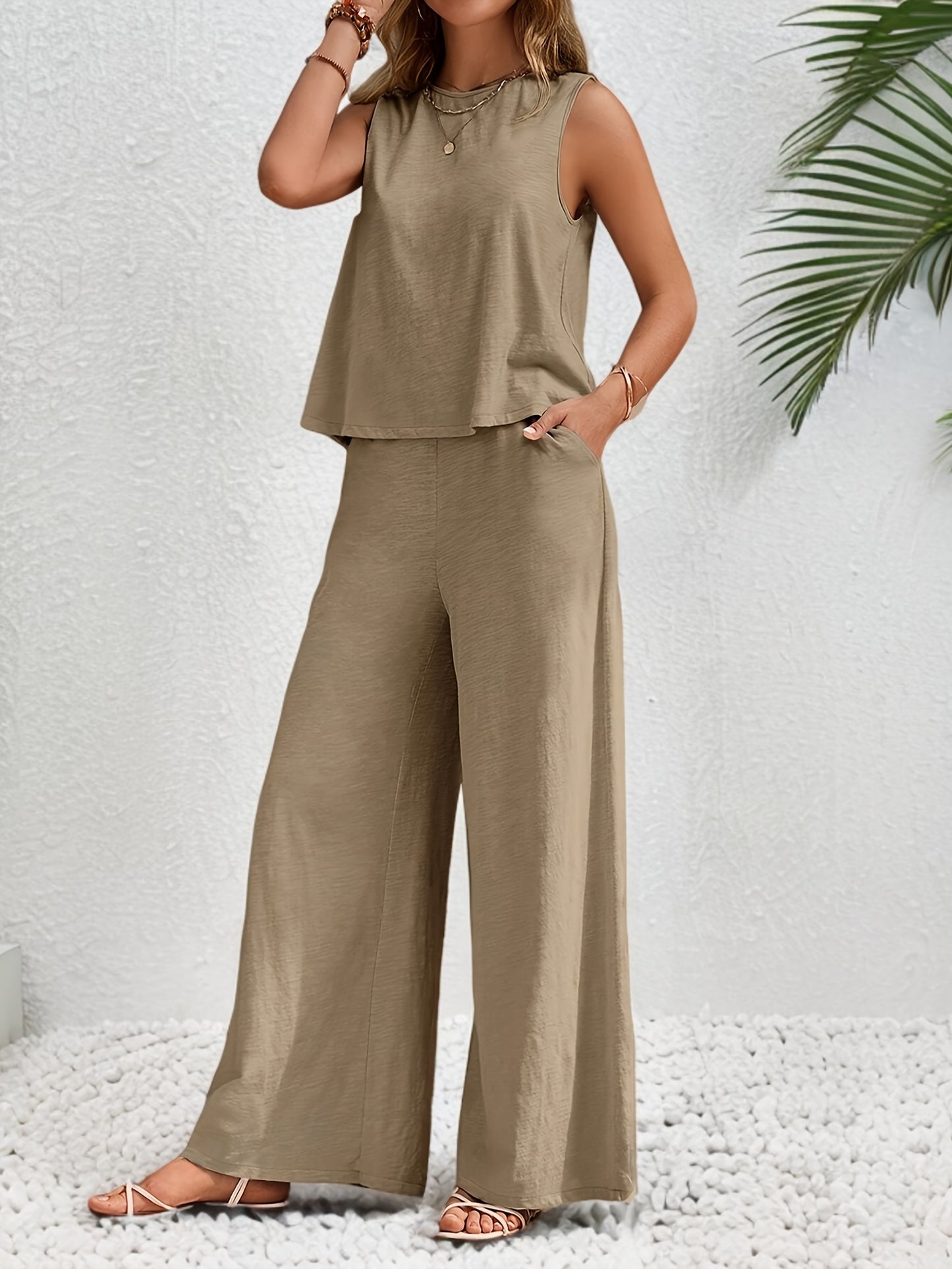 Women's Two-Piece Set - Sleeveless Loose Fit Top & Wide-Leg High-Waisted Trousers