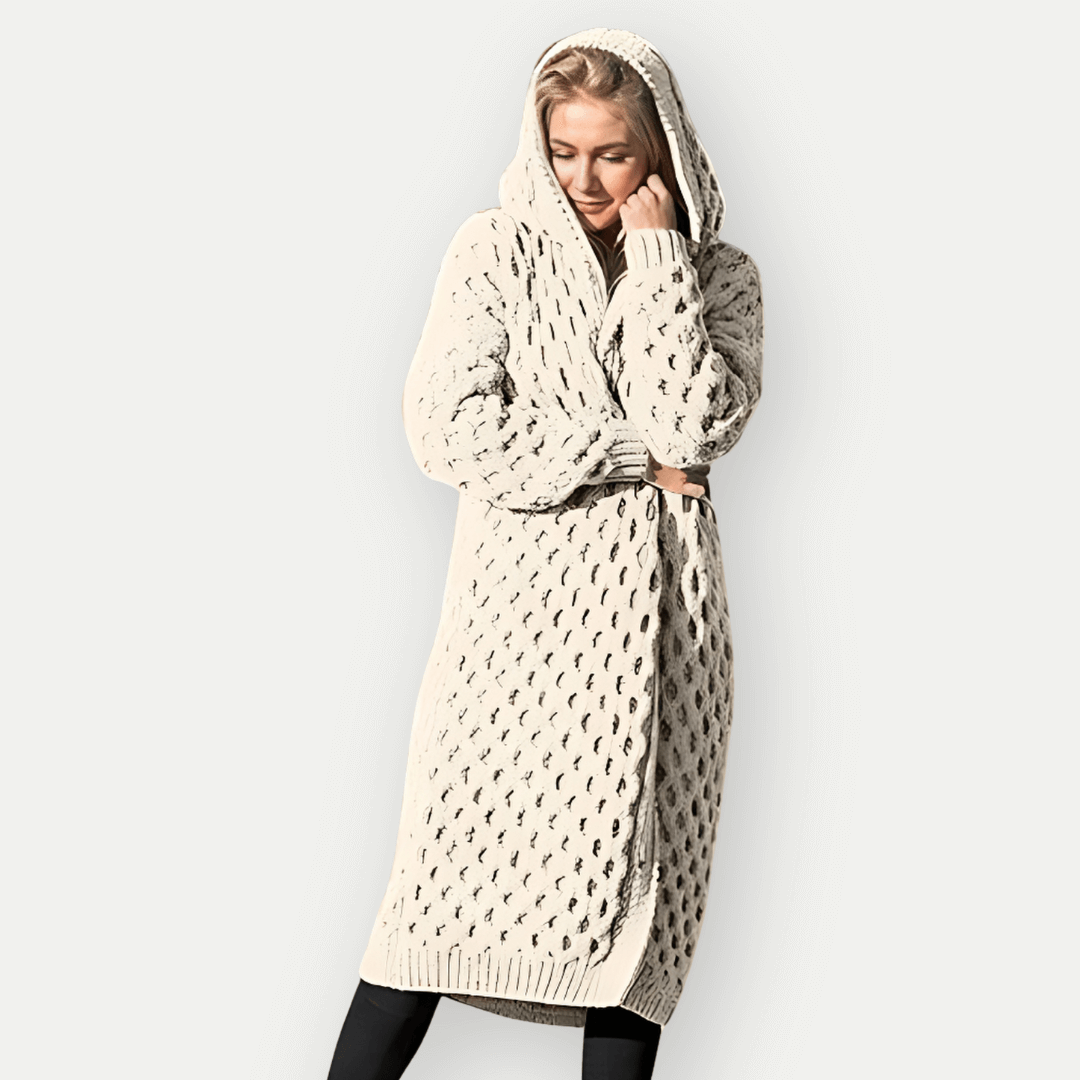 Women’s Hooded Jacket – Wool Knit – Relaxed Fit – Longline – Cable Pattern – Open Front
